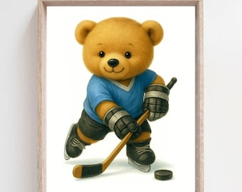 Hockey Nursery Wall Art, Sports Nursery Decor, Hockey Nursery Print, Baby Boy Room Decor, Teddy Bear Hockey Art, Neutral Nursery Wall Art