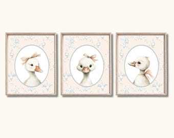 Coquette Nursery Print, Goose Wall Art, Cute Animal Nursery Decor,  Kids Room Art, Farm Animal Printable Set of 3, Instant Download