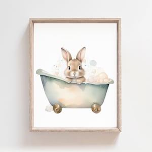 Bunny in a Bathtub Print, Child&#39;s Bathroom Art PRINTABLE, Baby Rabbit Taking a Bath, Bathroom Décor, Kids Bathroom Wall Art, Watercolor Art