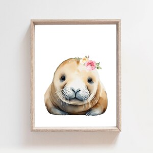 Walrus Art, Floral Nursery Decor, Baby Animal Print, Arctic Nursery, Baby Walrus, Flower Crown Animals, Walrus Poster, Nursery Wall Art