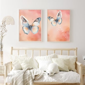 Vlinderprint, decor kinderkamer, posterset van 2, print vlinderkwekerij, vlindermuurkunst, decor meisjeskamer, kinderkamerkunst, babymeisje