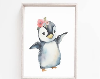 Penguin Print, Nursery Wall Art, Baby Animal Prints, Nursery Decor, Printable Wall Art, Digital Download, floral ,Penguin girls Room Poster