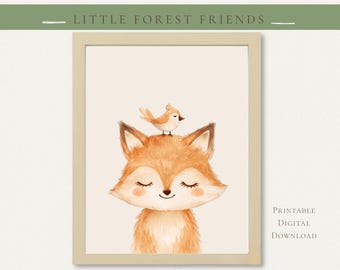 Woodland Fox Nursery Art Print, Watercolor Forest Animal Baby Room Decor (Digital Download)