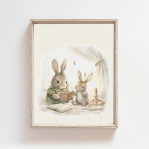 Poster Hase, Mama und Baby, Kinderzimmer Kunst Druck, Waldkunst, Mama und Baby Szene, Aquarell Hase Kunst, Vintage Kunst, Wanddruck, Strukturiert