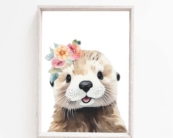 Girls room,  Otter Print, Watercolor Art, Printable Poster, Flower Crown Animal, Sea Animal, Baby Animal, Otter Wall Decor, Otter Poster