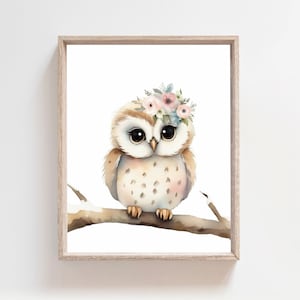 Lámina de búho. Arte de búho. Decoración de habitación infantil con búhos, arte floral de búhos. Láminas de habitación infantil con temática de bosque. Habitación infantil con temática de bosque para niña. Habitación infantil con temática de bosque para niña.