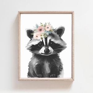 Baby Raccoon Print with Flowers, Girls Nursery Wall Art, Woodland Animal Bedroom Decor, Printable Poster, Black and White, Girls Room Decor