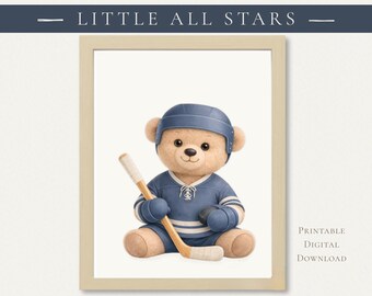 Sports Nursery Prints, Hockey Bear Nursery Print, Sports Wall Art, Kids Room Decor (Digital Download)