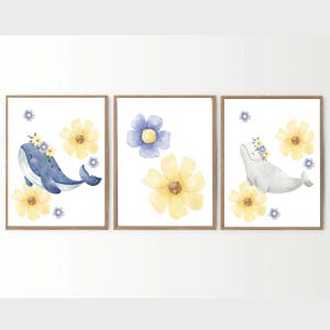 Whale Print Set of 3, Printable Wall Art, Beach Nursery Decor, Whale Nursery Decor, Kids Room Decor, Watercolor Whale Art, Flower Nursery