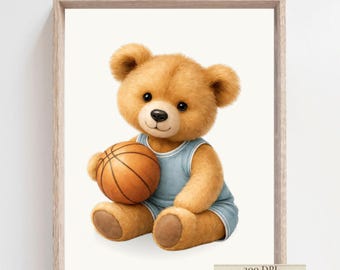 Sports Nursery Wall Art, Basketball  Prints, Teddy Bear Basketball Nursery Print: Sports Animal Art (Digital Download)