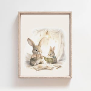 Kaninchen Druck, Mama und Baby, Kinderzimmer Kunstdruck, Waldkunst, Mutter und Baby Szene, Aquarell Häschen, Vintage Kunst, Wanddruck, Strukturiert