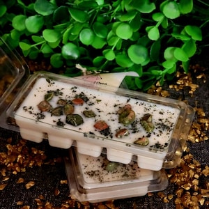 Puede incluir: Dos recipientes rectangulares de cera para derretir apilados. Cada recipiente contiene cera de color claro, decorada con pequeñas piedras de colores y motas verdes. Los recipientes son de plástico transparente. El fondo presenta follaje verde y detalles dorados.