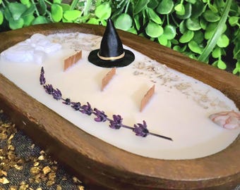 Wooden Dough Bowl Crystal Candle | Howlite, Red Line Jasper