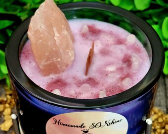 Rose Quartz Forgiveness Intention Candle | Crystal Gift Wood Wick | Purple Glass with Stand