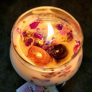 Chakra Balance Intention Candle | Vintage Etched Glass Decor | Energy Focus with Crystals and Flowers