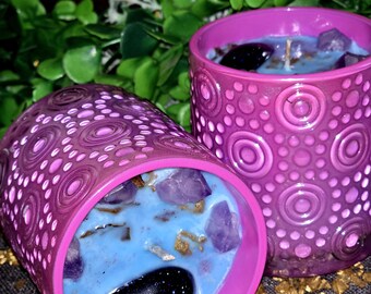 Blue Goldstone Crystal Candle | Joyful Intention Pink Desk Decor | Cottagecore Witchy Gift