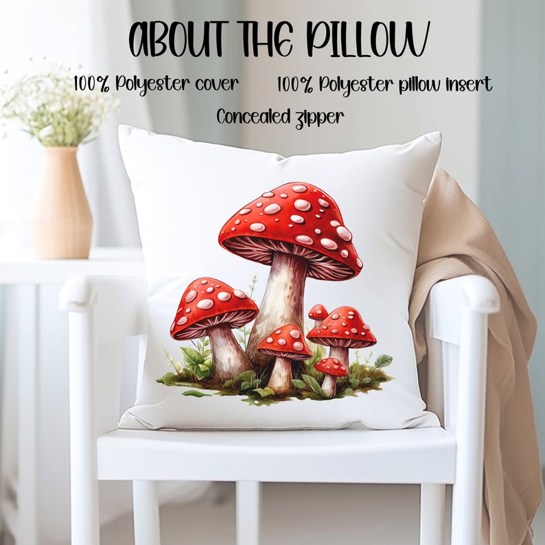 16X16 Throw Pillow Mushroom Pillow Cute Throw Pillow Etsy