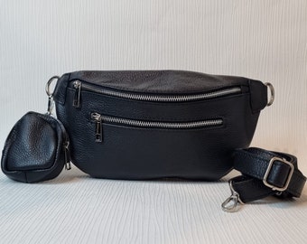 Black Bum Bag/Black Sling bag/Black Fanny Bag/ Real Leather bag/Italian Leather Black bag/Women Black Crossbody bag With Coin Purse