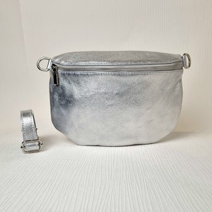 Silver Bum Bag, Silver Sling bag, Silver fanny Bag, Real Leather Silver Waist bag, Italian Leather Silver bag, Silver Crossbody Party bag