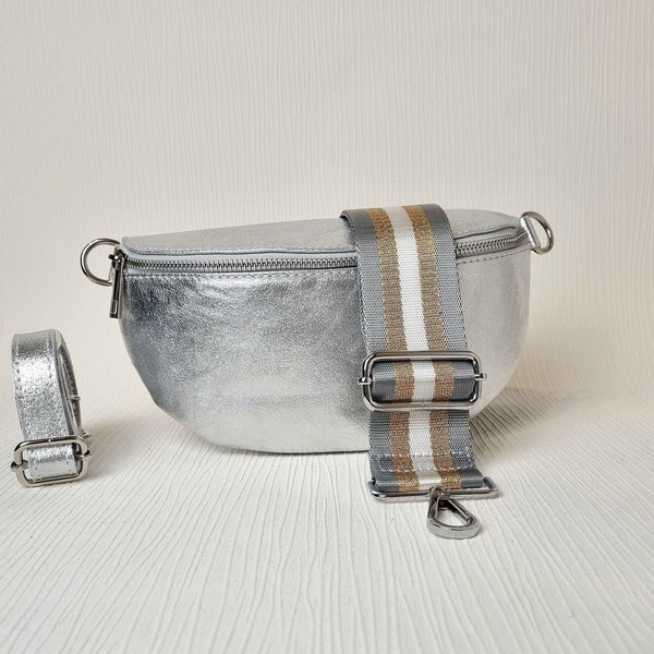 Silver Bum Bag, Silver Sling bag, Silver fanny Bag, Real Leather Silver Waist bag, Italian Leather Silver bag, Silver Crossbody Party bag