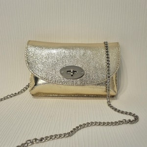 Real Leather Metllic Gold Clutch Bag Gold Evening Bag Gold Leather bag Gold Party bag Gold Wedding bag with silver chain strap