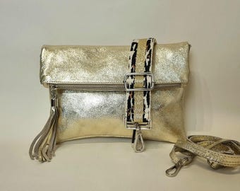 Bolso de mano de piel auténtica metalizada dorada: bolso de noche plegable con correa