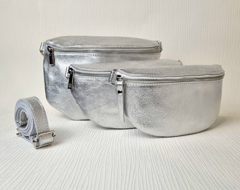Silver Bum Bag, Silver Sling bag, Silver fanny Bag, Real Leather Silver Waist bag, Italian Leather Silver bag, Silver Crossbody Party bag