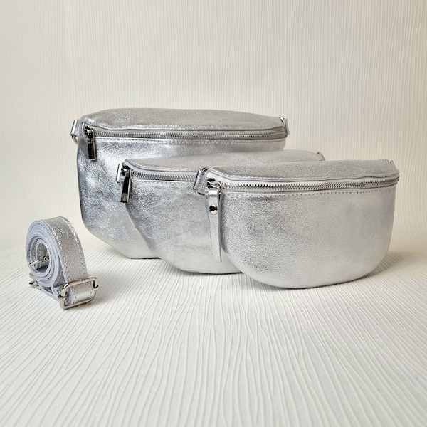 Silver Bum Bag, Silver Sling bag, Silver fanny Bag, Real Leather Silver Waist bag, Italian Leather Silver bag, Silver Crossbody Party bag