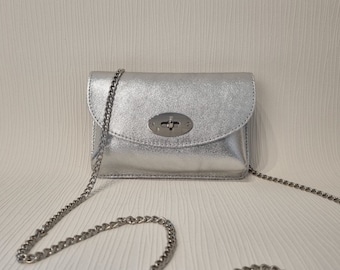 Silberne Clutch-Tasche aus echtem Leder, silberne Abendtasche, silberne Partytasche, Braut-Hochzeitstasche, silberne Umhängetasche mit langer abnehmbarer Kette