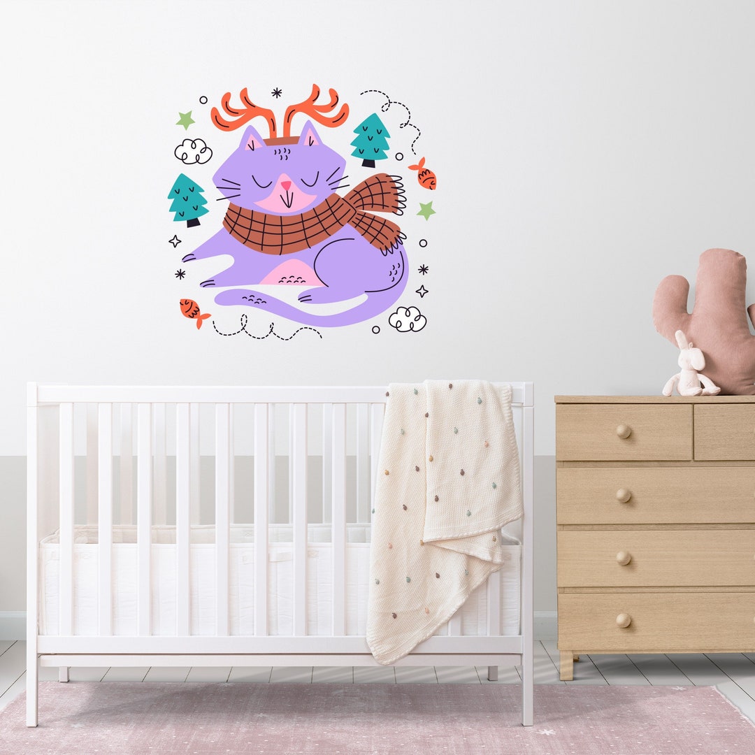 Kitten Wall Decal Set for Kid Room Cats and Stars Mural Cat Sticker for