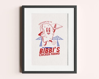Impresión de ilustración retro de Bibbi's Chicken Parmo Teesside