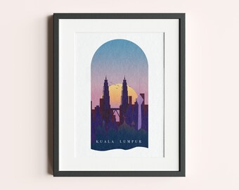 Ilustración moderna de silueta en tonos pastel de Kuala Lumpur, Malasia.