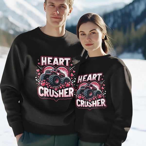 Monster Truck Love Unisex Crewneck Sweatshirt, Heart Crusher Pullover, Off-Road Romance Apparel, Crushing It Sweater, Love & Dirt Track Top