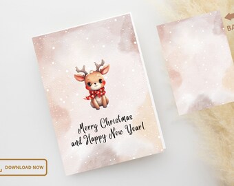Printable Christmas Card, Watercolor Reindeer Design (Digital Download)