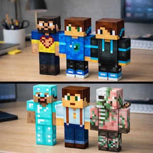 May include: A collection of pixelated character figurines, each with a unique design. The figures feature various outfits and accessories, including hoodies, armor, and a zombie-like appearance. The color palette includes blues, browns, and greens.