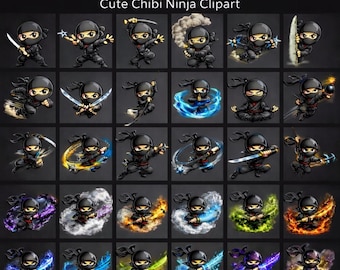 30 Chibi Ninja-clipartbundel, Martial Arts-png-afbeeldingen (digitale download)