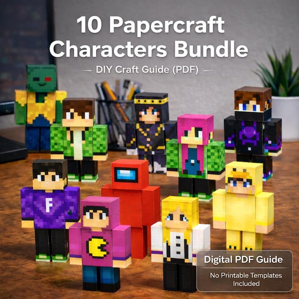 Pacote com 10 personagens de papel voxel – Modelos de papel estilo Minecraft em PDF, moldes para artesanato faça você mesmo, download digital
