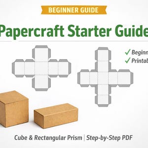 Könnte beinhalten: Anleitung für Papierbastler. Das Bild zeigt einen Würfel und ein rechteckiges Prisma sowie Diagramme für den Zusammenbau. Der Text enthält "Anfängerfreundlich" und "Druckbares PDF".