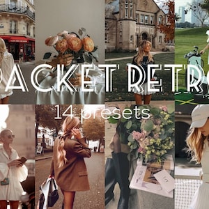 Op de afbeelding: Een collage van afbeeldingen die 14 presets voor fotobewerking laten zien. De afbeeldingen tonen verschillende scènes, waaronder een vrouw in een witte jurk die op straat loopt, een boeket bloemen, een vrouw in een witte jurk die op een golfbaan staat, een vrouw in een bruin jack die op straat loopt en een boeket bloemen op een tafel.