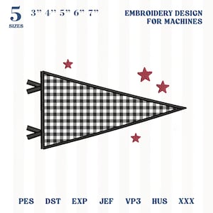 May include: An embroidery design for machines featuring a triangular pennant with a black and white buffalo check pattern, bordered in black, with two black ties on the left and four small red stars. Text includes 5 SIZES 3" 4" 5" 6" 7".