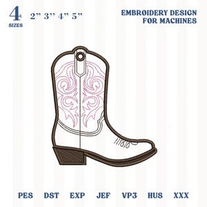 May include: An embroidery design for machines featuring a white cowboy boot with brown accents and intricate purple stitching. The design is available in 4 sizes: 2", 3", 4", and 5". The text "EMBROIDERY DESIGN FOR MACHINES" is also included.