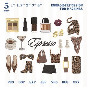 Pode incluir: Um conjunto de bordados com motivos de moda e beleza. Inclui uma paleta de maquilhagem, batom, verniz de unhas, perfume, lábios, brincos, uma estampa de leopardo, uma chávena de café, um copo de Martini, óculos de sol, uma mala, um top, um relógio e uma capa de telemóvel.