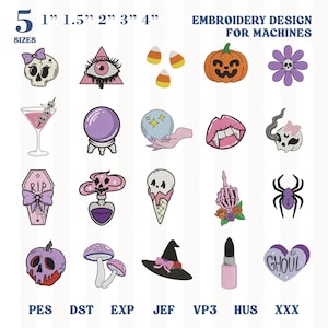Peut inclure: Une collection numérique de 20 motifs de broderie pour machines, incluant des crânes, citrouilles, araignées, champignons et un chapeau de sorcière. Le texte indique 5 SIZES 1" 1.5" 2" 3" 4", EMBROIDERY DESIGN FOR MACHINES et les formats PES, DST, EXP, JEF, VP3, HUS, XXX.