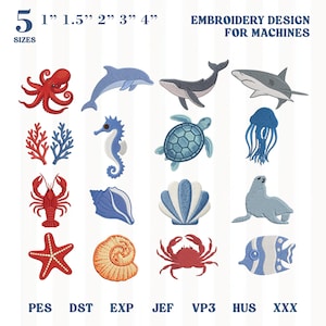 May include: Embroidery designs for machines featuring various sea creatures, including an octopus, dolphin, whale, shark, jellyfish, seahorse, turtle, shell, seal, starfish, snail, crab, and fish. Sizes range from 1 inch to 4 inches.