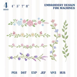 Peut inclure: Motifs de broderie pour machines, présentant des bordures florales variées. Les motifs incluent des roses, des tulipes et d'autres fleurs aux couleurs pastel, avec des tailles allant de 10 à 20 cm. L'image liste également les formats de fichiers.