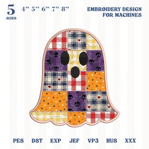 May include: A ghost-shaped machine embroidery design featuring a patchwork pattern of red, yellow, orange, purple, and blue plaid, star, and skull motifs. The design includes three black oval eyes and mouth, available in 4, 5, 6, 7, and 8 inch sizes.
