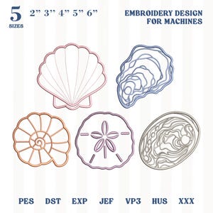 May include: An embroidery design set for machines featuring five different seashell designs. The sizes range from 2 to 6 inches. The text "Embroidery Design for Machines" is displayed at the top. The file formats are PES, DST, EXP, JEF, VP3, HUS, and XXX.