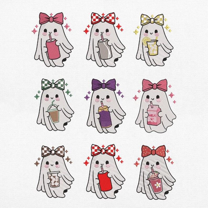Motif de machine mignon noeud fantôme, paquet Mini boisson café Halloween Kawaii, téléchargement numérique Pes Dst Jef Vp3 image 2