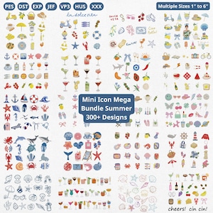 May include: A digital embroidery design collection titled Mini Icon Mega Bundle Summer 300+ Designs, featuring various colorful summer-themed icons like sea life, cocktails, and travel items, available in multiple file formats and sizes 1" to 6".
