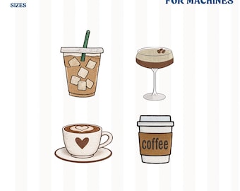 Set de mini diseños de bordado de café, regalo para amantes del café, mini diseños, bordado de martini de café, set para amantes del café